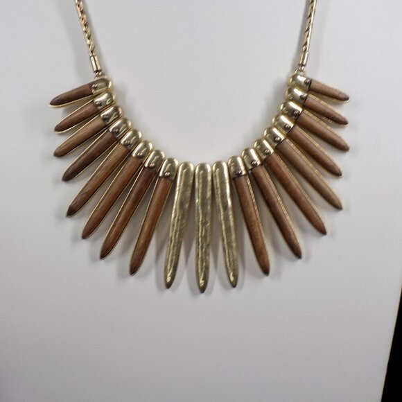 Lucky Brand Necklace Wood Brass Tribal Collar Statement Rustic 15" 1.5" extender - Picture 3 of 9